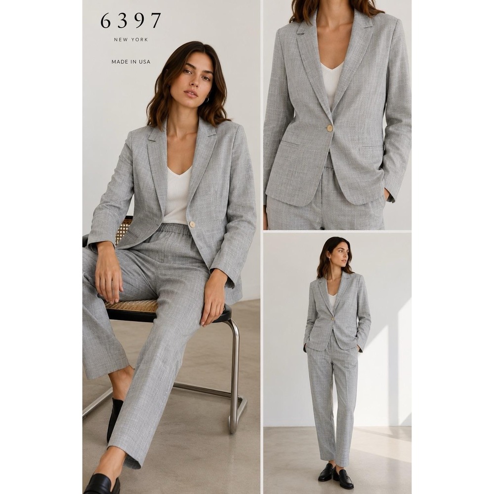 6397 Pant Suit Set Womens Small Gray Check Wool Blazer M Pants 2 Piece Career